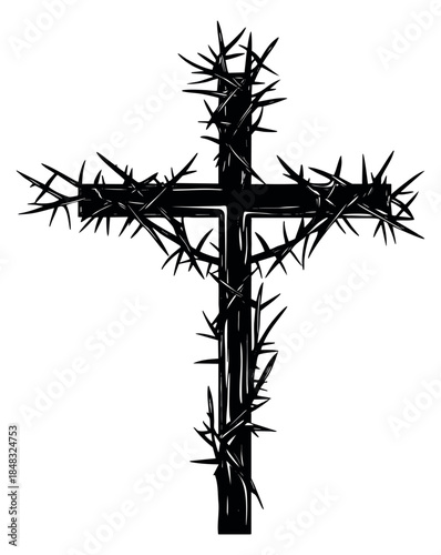 Simple cross icon with thorny crown black and white line art