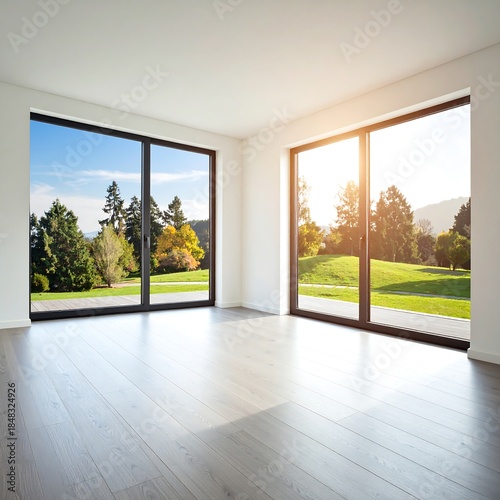 Sunlit Empty Room with Large Windows and Verdant Park View