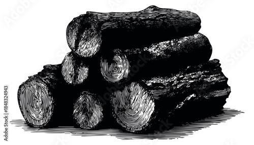 Vintage wood log set with bark and tree rings black and white vector illustration