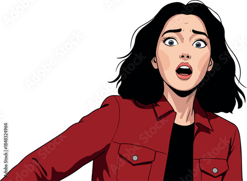 Comic Book Style Woman Wide Eyed Shocked Red Jacket Isolated.
