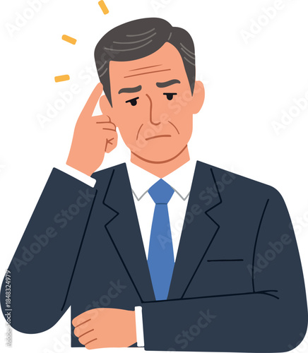 Confused Businessman In Dark Blue Suit And Blue Tie With Hand On Head