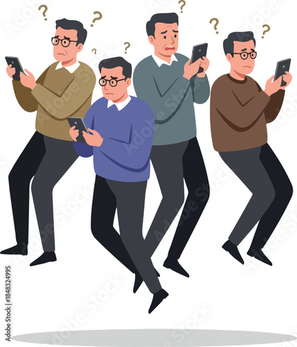 Confused Men with Smartphones Questioning Digital Communication Flat Design