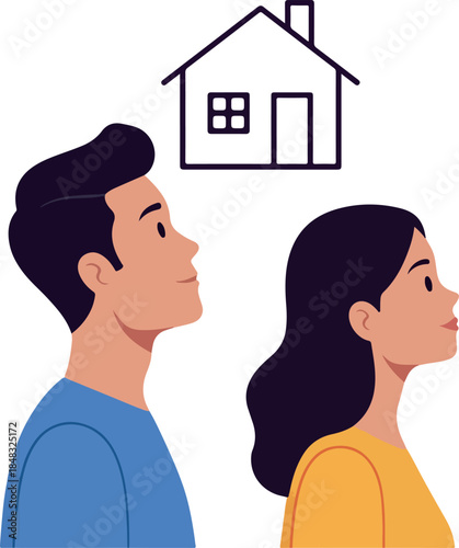 Couple Dreaming Of New Home With Simple House Outline Above