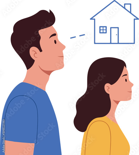 Couple Looking at House Illustration Blue and Yellow Flat Design