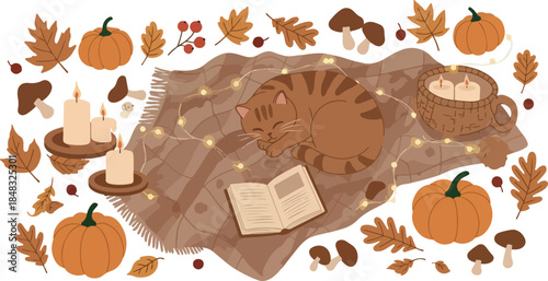 Cozy Autumn Nap Pixel Art Cat on Blanket with Pumpkins and Candles