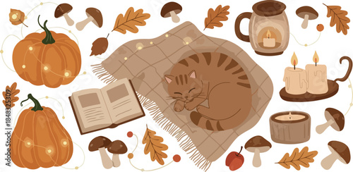 Cozy Autumn Scene with Sleeping Cat Pumpkins Leaves and Candles Pixel Art