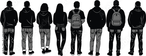 Silhouette, group, people, casual, hoodie, backpack, grayscale, diversity, anonymity, standing, row, youth, fashion, jeans, sneakers, unity, crowd, vector, modern, lifestyle