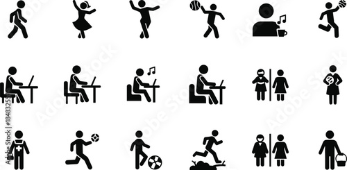 Human daily activities icons collection showing work, play, relaxation, sports, and social interactions for balanced modern lifestyle and wellness.