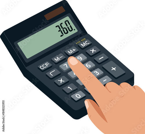 Dark Calculator With Numeric Display And Finger Pressing Button Isolated