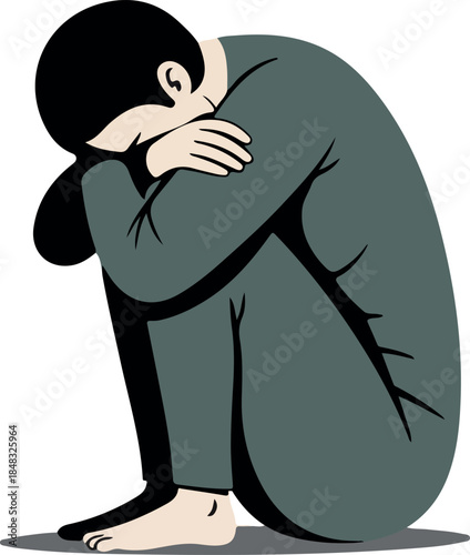 Depressed Person Hugging Knees Gray Outfit Minimalist Illustration
