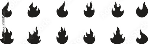 Vector Fire Flame Outline Set. Hand Drawn Cartoon Spark Icons and Bonfire Elements. Isolated White Line Art Flame Shapes Collection for Graphic Design, Animation, and Tattoo Art.
