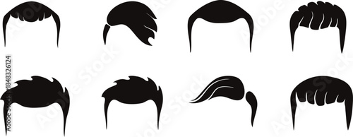 Vector Men Hairstyle and Facial Hair Set. Black Silhouette Haircut and Beard Styles for Male Characters. Isolated Cartoon Barber Icons for Grooming, Barbershop, and Hipster Fashion Design.