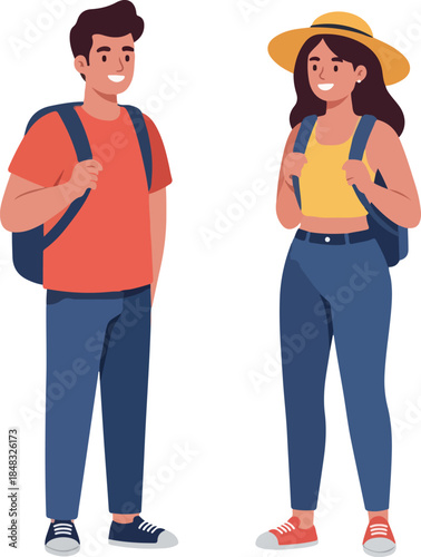 Diverse Couple Tourists Backpacking Summer Casual Wear Yellow Hat Flat Design