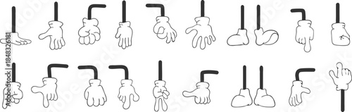 Vector Cartoon Glove Hands and Boots Set. Hand Drawn Animation Style Mascot Limbs for Characters. Isolated White Gloved Hands Collection Gesturing and Poses for Comic Design.