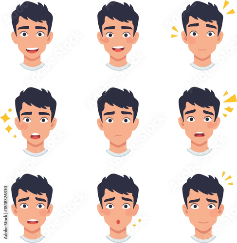 Diverse Male Face Emotions Flat Icons Set With White Background