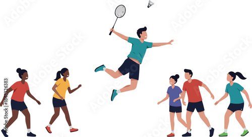 Diverse People Playing Badminton Game With Dynamic Jump Shot