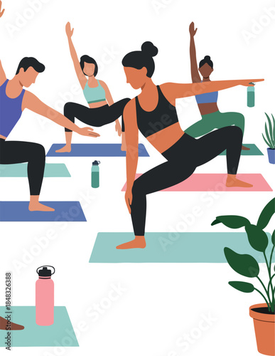 Diverse People Practicing Yoga Warrior Pose Flat Design