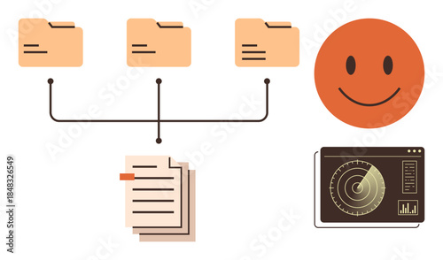 Data stream linking folders to documents, radar screen for analytics, and happy face symbolizing positivity. Ideal for data management, organization, analytics, planning, teamwork, positivity