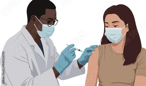 Doctor Administering Covid Vaccine To Patient In Flat Design Minimal Illustration Style