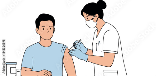 Doctor Vaccinating Patient Simple Line Art With Blue and White Tones