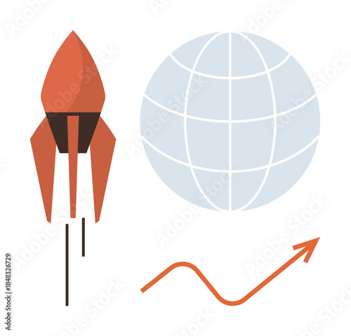 Rocket taking off, globe symbolizing global connections, and rising arrow indicating growth. Ideal for business growth, success, innovation, strategy, global reach startup and progress. Simple flat