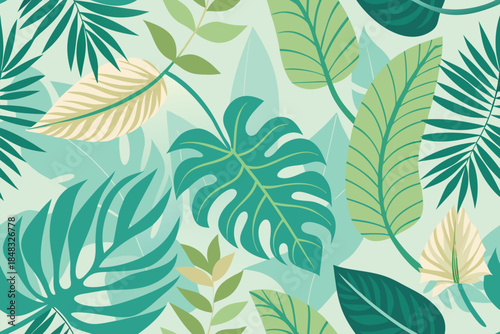 Vibrant tropical foliage pattern featuring large monstera and palm leaves in greens on a light mint background, ideal for nature-themed designs, wallpapers, and creative branding accents.
