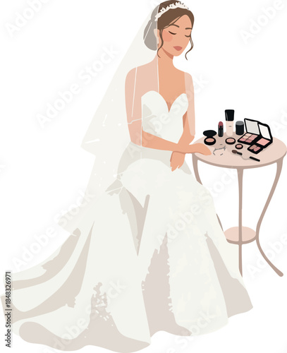 Elegant Bride With Makeup Products On A Table