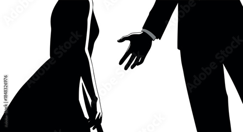 Elegant Couple Black Silhouette Formal Event White Background Gentle Hand Reach