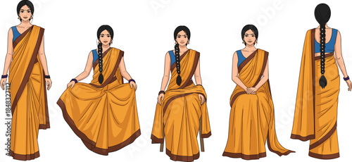 Indian Woman Character Sheet in Traditional Yellow Saree Standing and Sitting Poses Vector Illustration