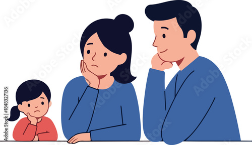 Family Pondering Blue Outfits Flat Design Isolated On White