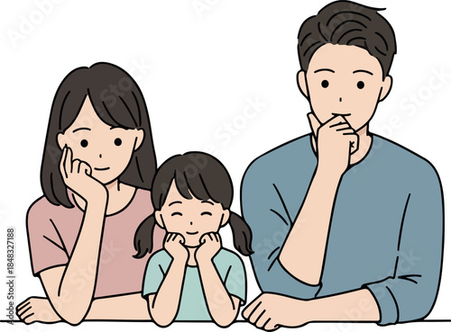 Family Trio Pondering Together Minimalist Flat Design Vector Illustration