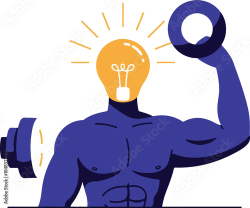 Fit Idea Bulb Man Lifting Weights Workout Energy Concept Vector