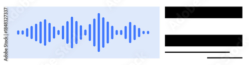 Blue soundwave in a timeline format next to text bars suggests concepts of audio analysis, transcription, or media editing. Ideal for technology, media, sound engineering, communication, AI