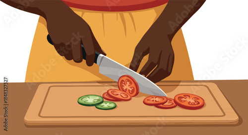 Flat Food Preparation Vector Person Chopping Tomatoes Cucumbers on Board
