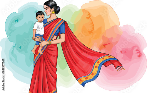Indian mother wearing red saree holding baby son with colorful watercolor background vector illustration for happy mother's day concept art.