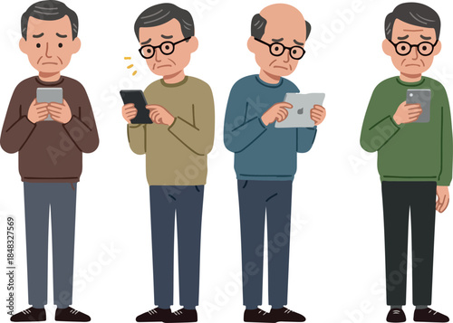 Four Elderly Men With Tablets Smartphones Digital Devices Concerned Expressions Neutral Background