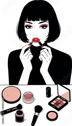 Glamorous Woman Applying Red Lipstick Minimalist Vector Art