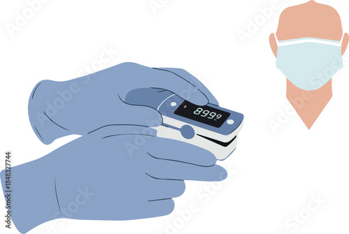 Gloved Hands Hold Pulse Oximeter Near Masked Face