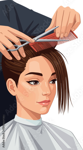 Hairdresser Cuts Woman's Hair In Salon With Comb And Scissors Minimal Illustration