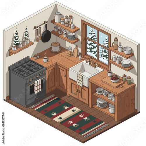 Cozy rustic kitchen corner with wooden cabinets, open shelves, and a vintage stove