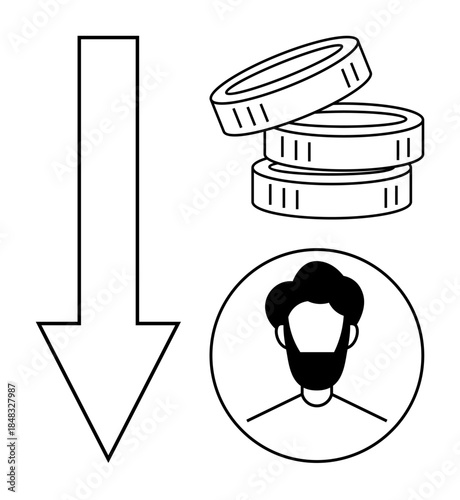 Economics, financial loss, unemployment, crisis management, debt, business analytics. Downward arrow, stacked coins and person portrait outline. Economic loss and unemployment visualization