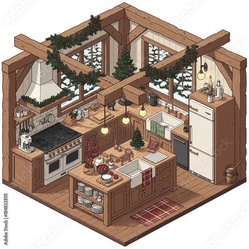 Cozy rustic kitchen with wooden beams and festive holiday decor creating warm ambiance