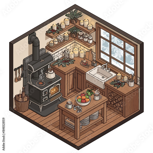 cozy rustic kitchen with wood stove and charming decor creating warm atmosphere