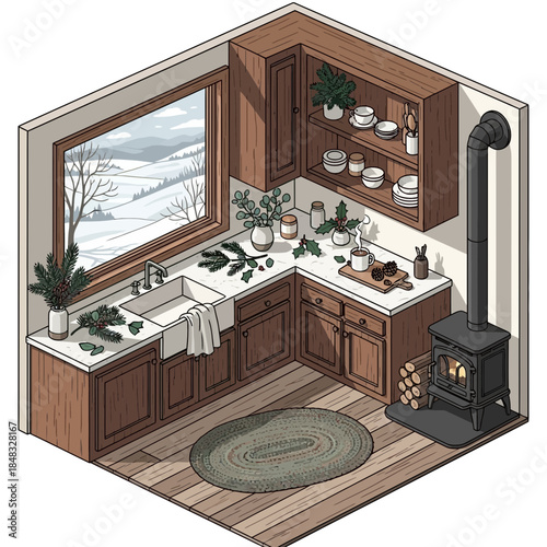 Cozy rustic kitchen with wood cabinets, a wood stove, and decorative greenery perfect for homey