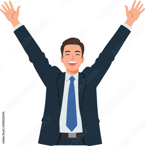 Happy Businessman Celebrating Success With Arms Raised Isolated White Background