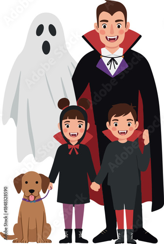 Happy Halloween Family Vampire Ghost Dog Flat Design Vector Illustration