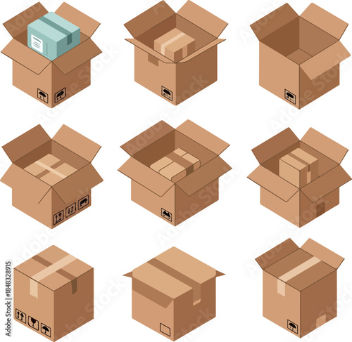 Isometric Cardboard Boxes Open and Closed Brown with Blue Top Box
