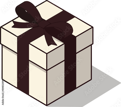 Isometric Cream Gift Box With Dark Brown Ribbon Isolated On White