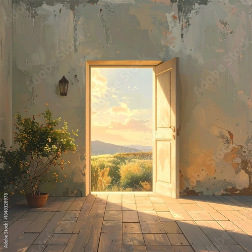 Sunlit Meadow and Mountains Seen Through an Open Doorway