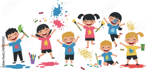 Joyful Kids Painting Fun Splashes Colorful T Shirts and Black Shorts